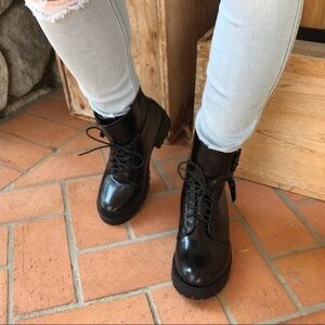 Black Vegan Leather Women’s Combat Chunky Heel Boots✨